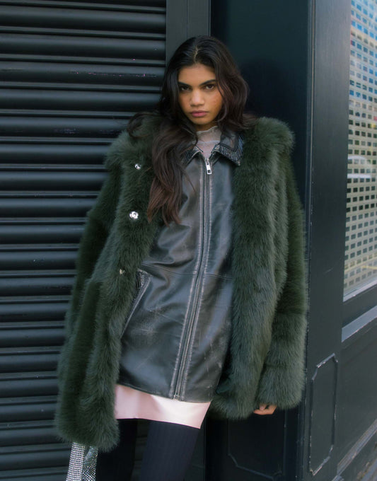 Faux Fur Funnel Midi Coat