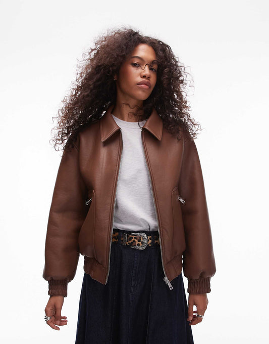 Faux Leather Shearling Bomber Jacket
