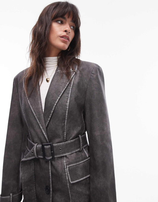 Faux Leather Belted Trench Coat