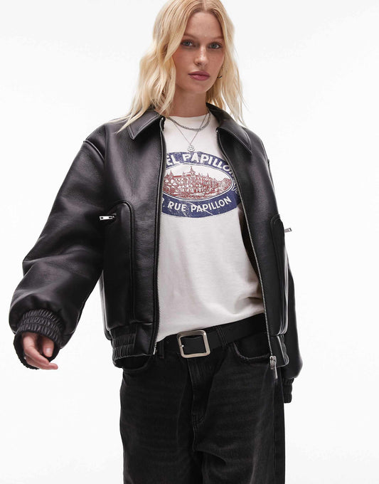 Faux Leather Shearling Bomber Jacket