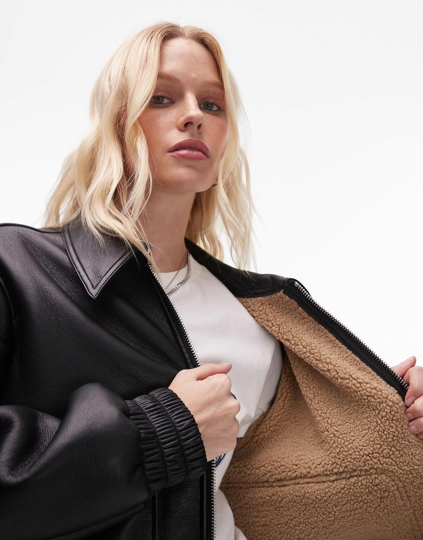 Faux Leather Shearling Bomber Jacket