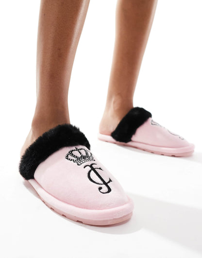 Velour Diamante Slipper With Fur Trim