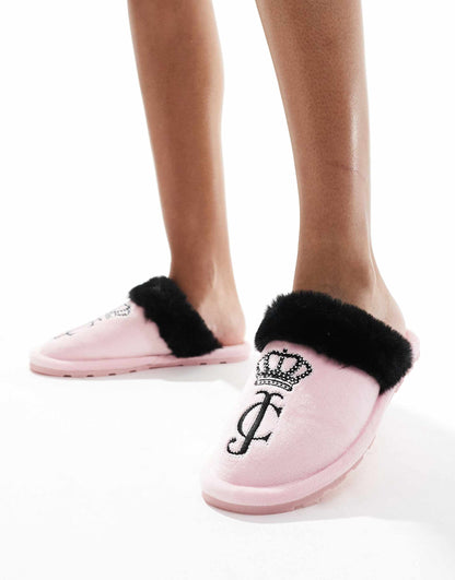 Velour Diamante Slipper With Fur Trim