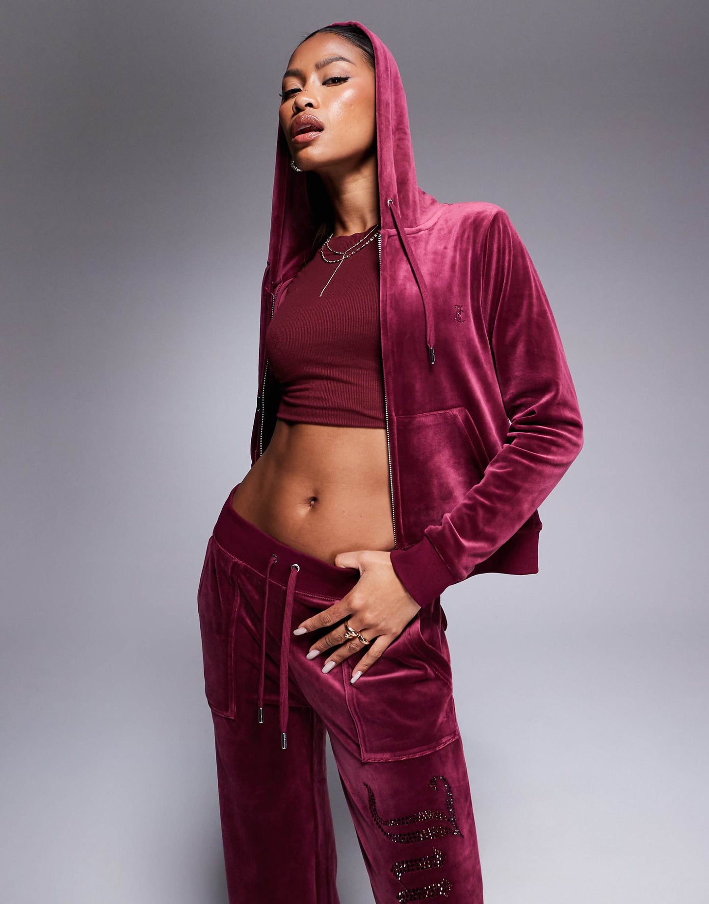 Velour Tonal Jewel Zip Through Hoodie Co-Ord