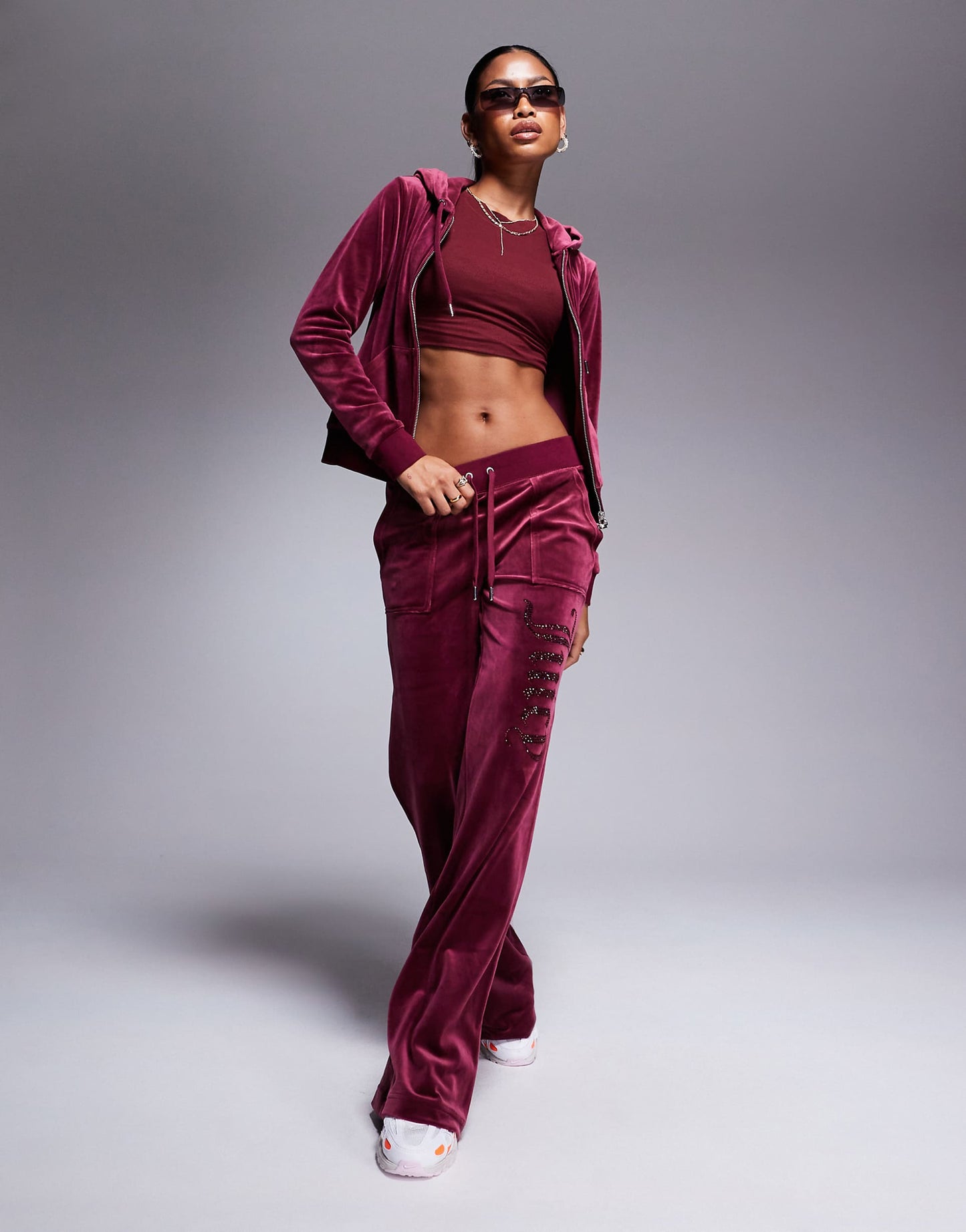 Velour Tonal Jewel Zip Through Hoodie Co-Ord