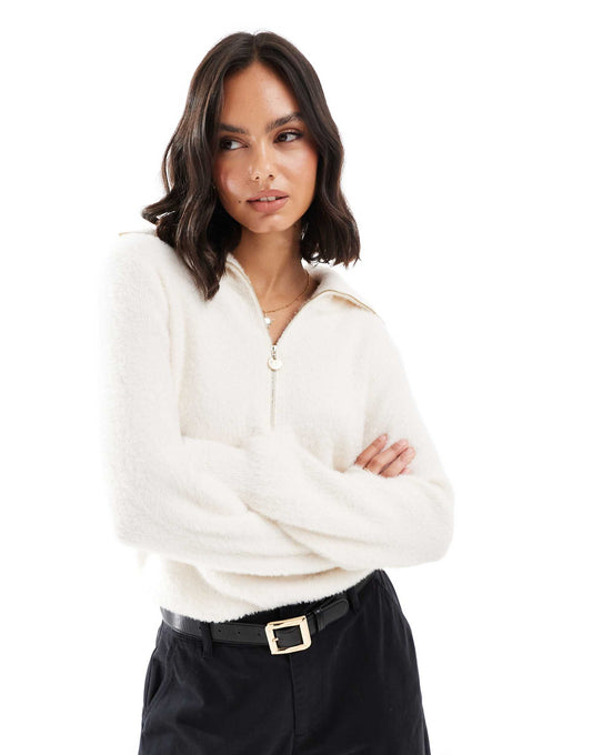 Knitted Half Zip Collar Detail Jumper In Cream