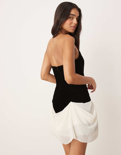 Structured Velvet Mini Dress With Contrast Draped Chiffon Skirt