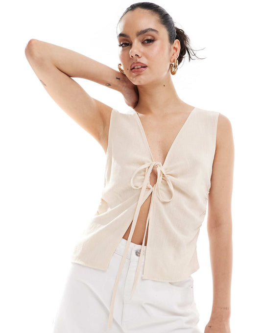 Linen Built Up Tank Top With Tie Detail