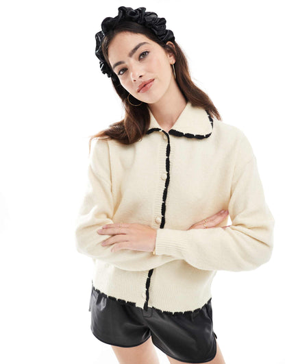 Collar Detail Cardigan With Contrast Tipping