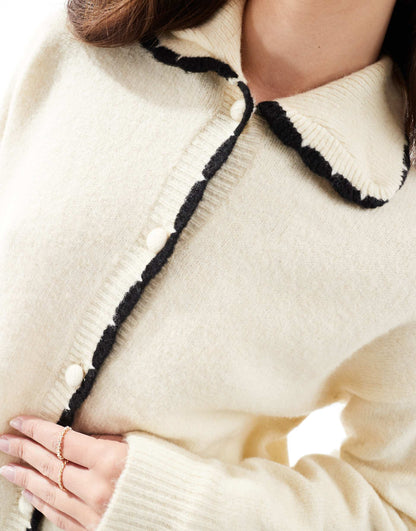 Collar Detail Cardigan With Contrast Tipping
