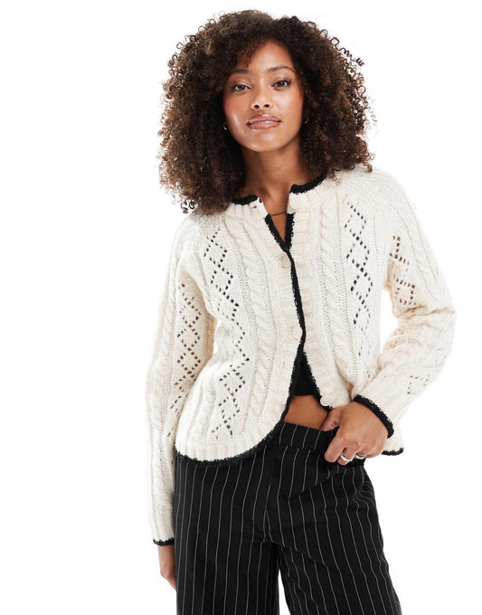 Open Knit Cardigan With Contrast Piping