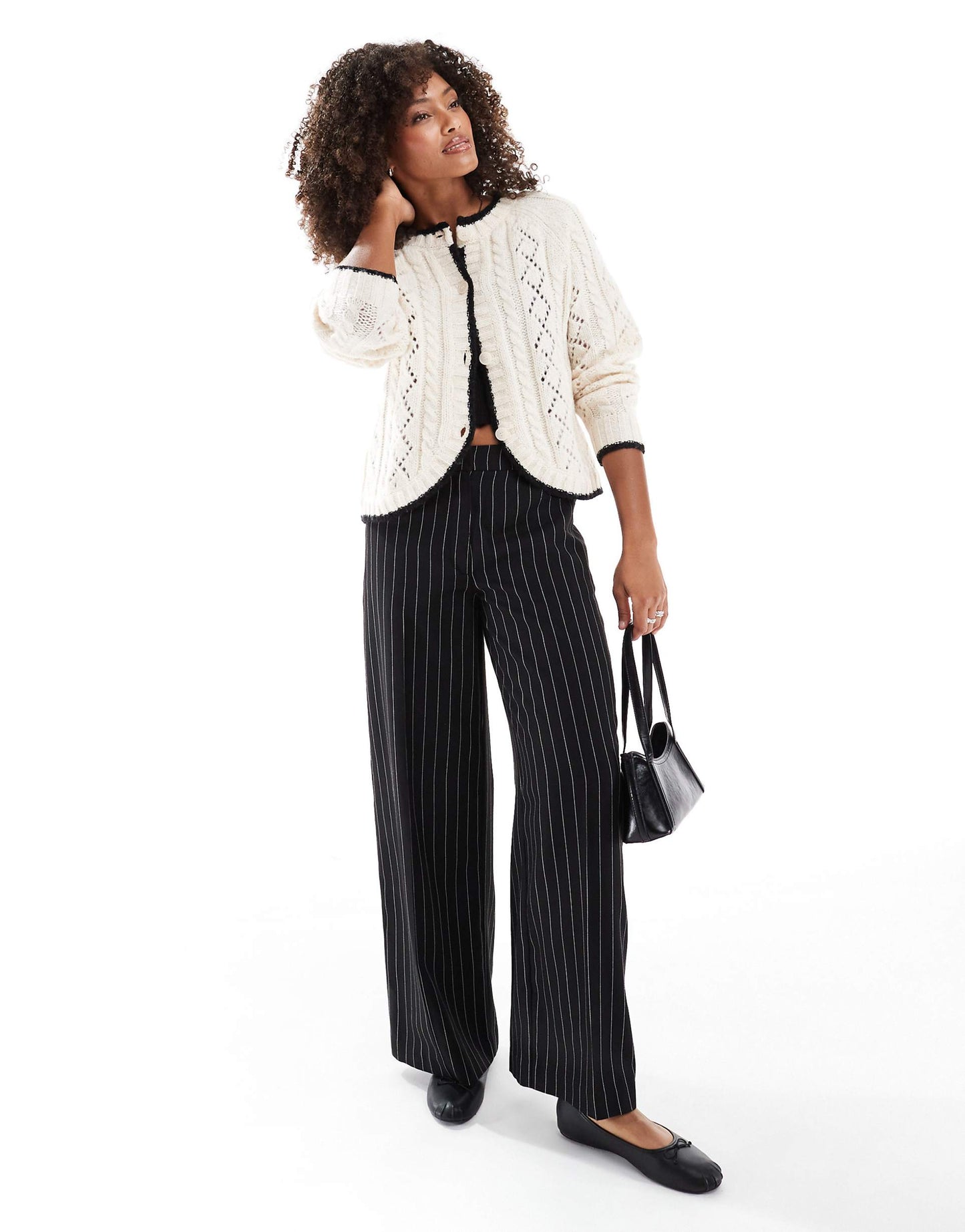 Open Knit Cardigan With Contrast Piping