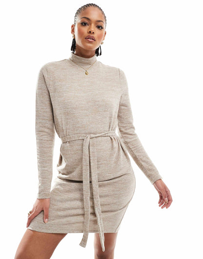 Tall High Neck Knitted Mini Dress With Tie Waist