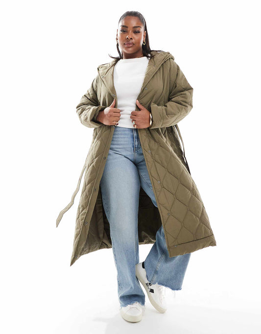 Curve Longline Quilted Coat With Tie Belt