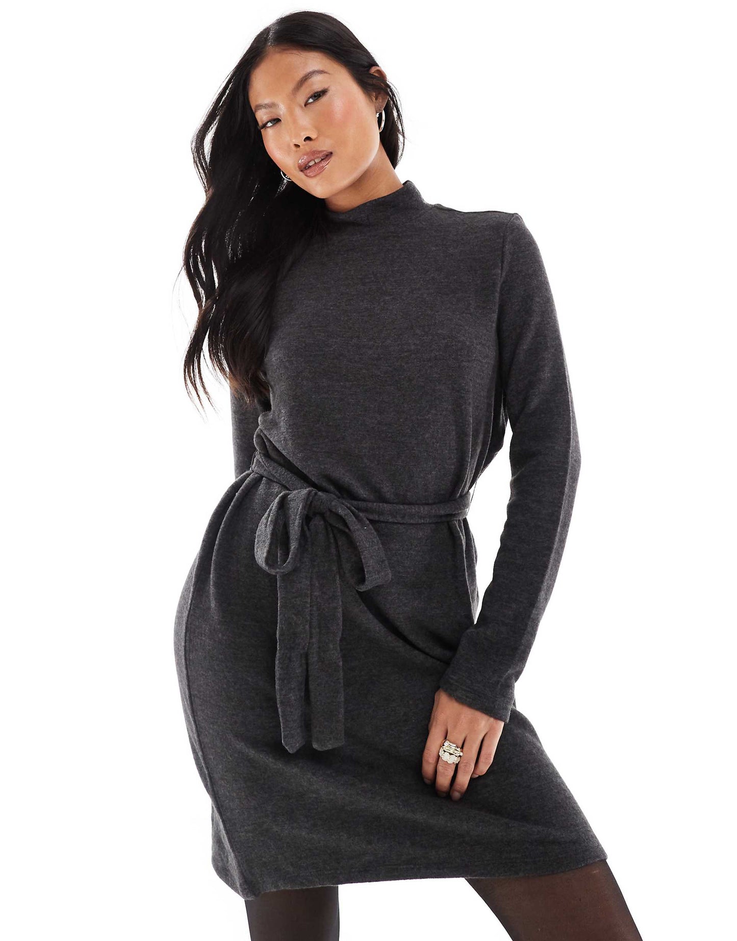 Petite High Neck Knitted Mini Dress With Tie Waist