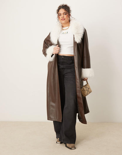 Curve Faux Fur Collar And Cuff Longline Leather Look Coat