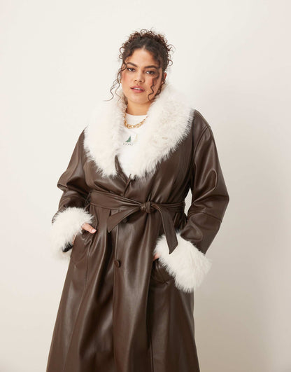 Curve Faux Fur Collar And Cuff Longline Leather Look Coat