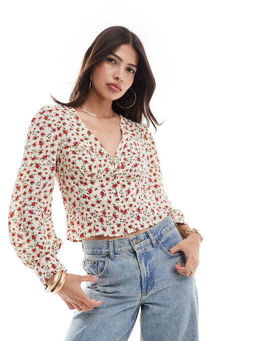 V Neck Floral Long Sleeve Blouse