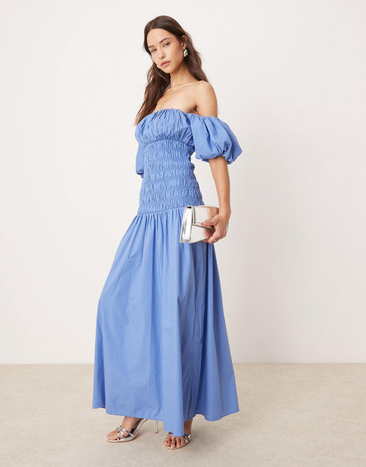 Off The Shoulder Smocked Low Waist Maxi Dress