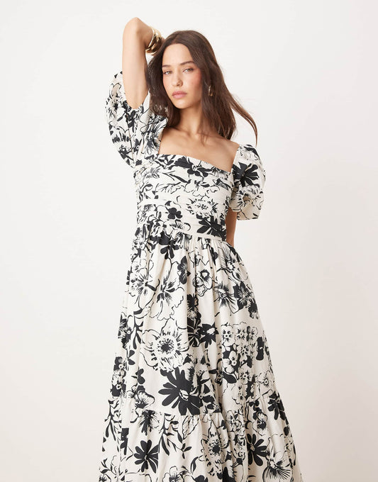 Emerson Floral Midi Dress With Puff Sleeves