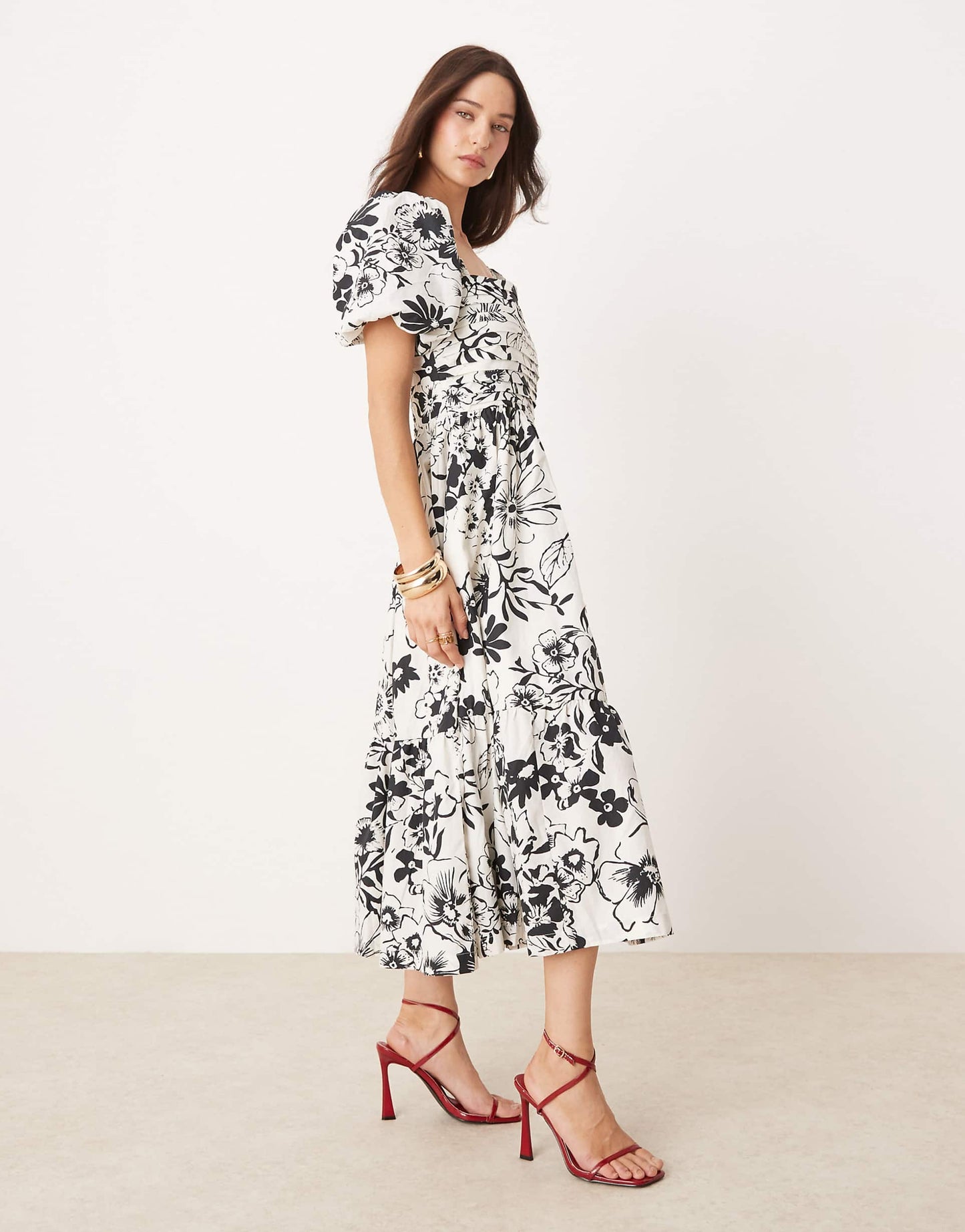 Emerson Floral Midi Dress With Puff Sleeves