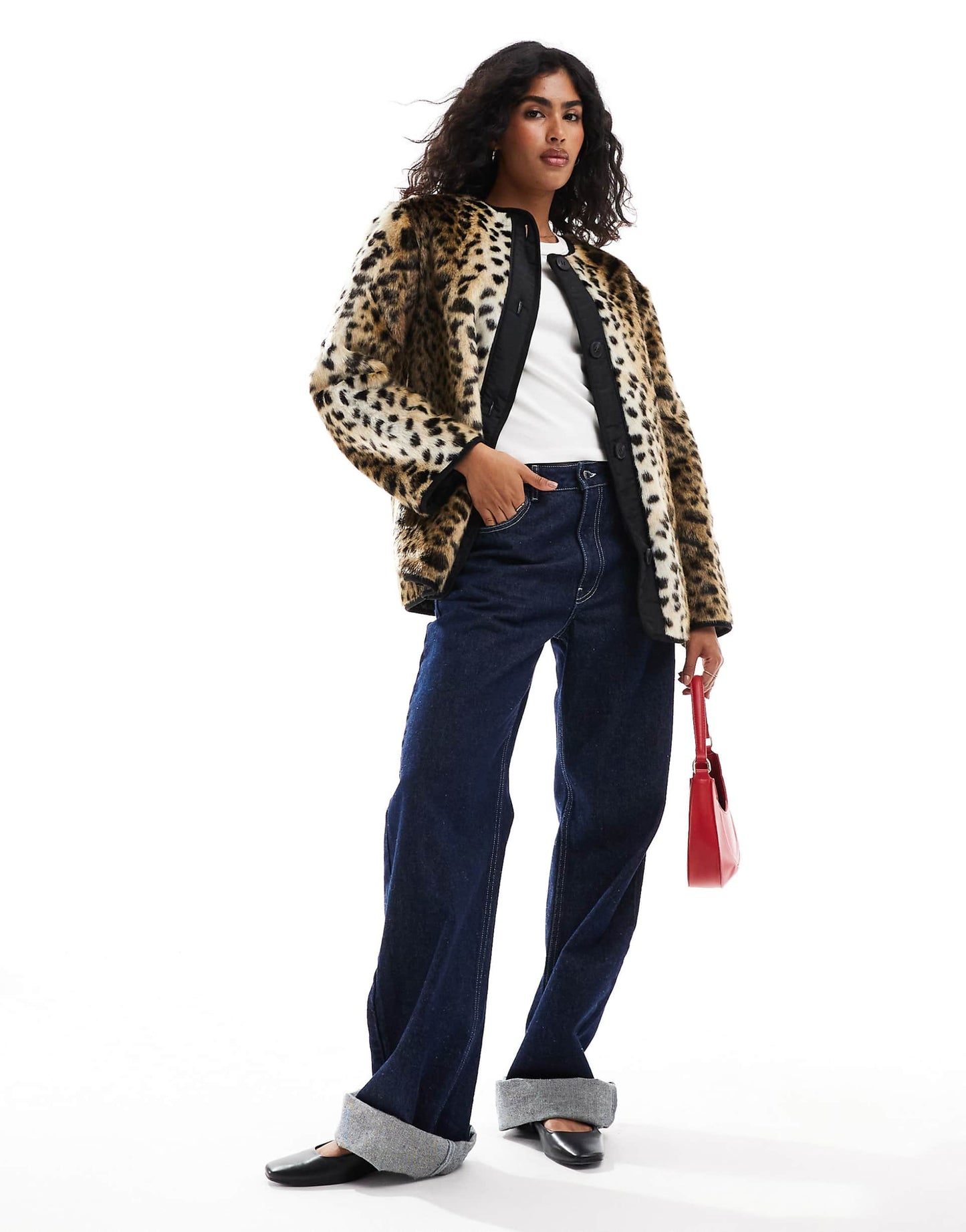Leopard Print Faux Fur Collarless Jacket