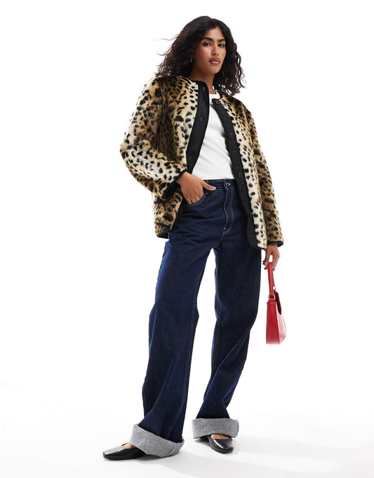Leopard Print Faux Fur Collarless Jacket