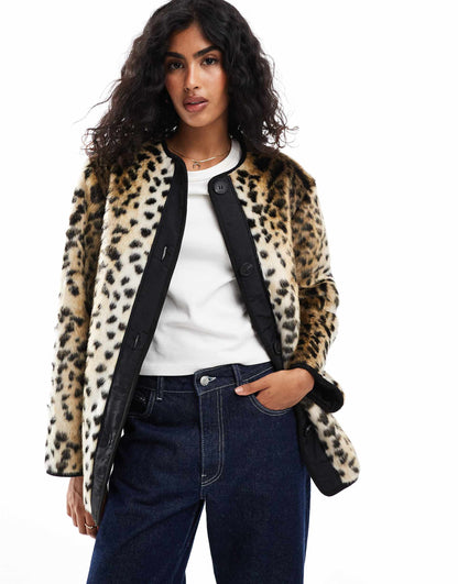 Leopard Print Faux Fur Collarless Jacket