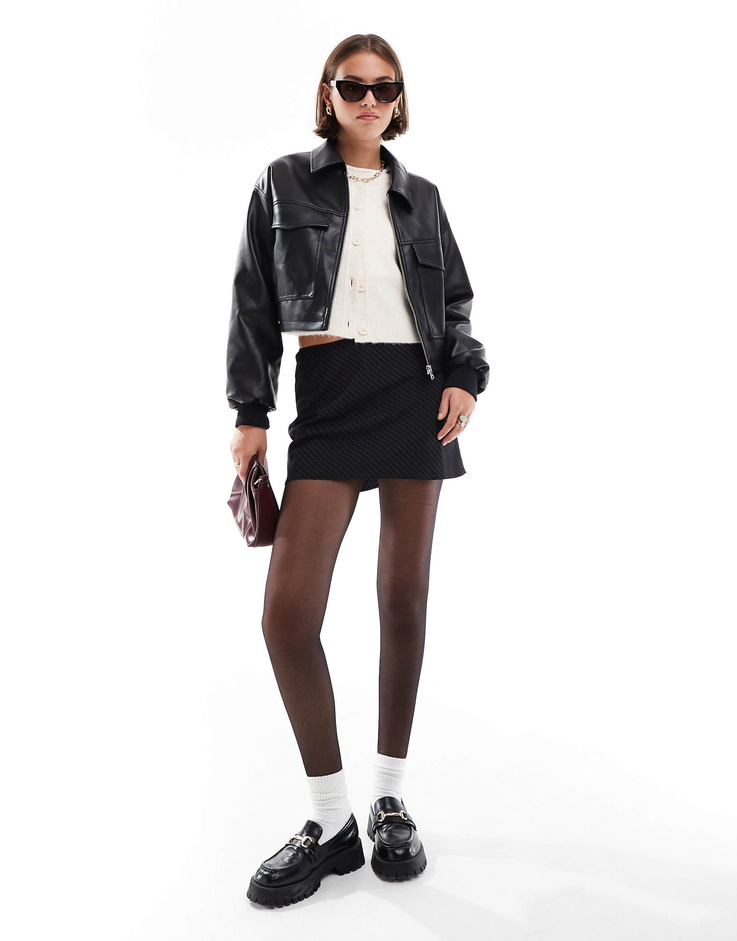 Faux Leather Cropped Bomber With Pockets