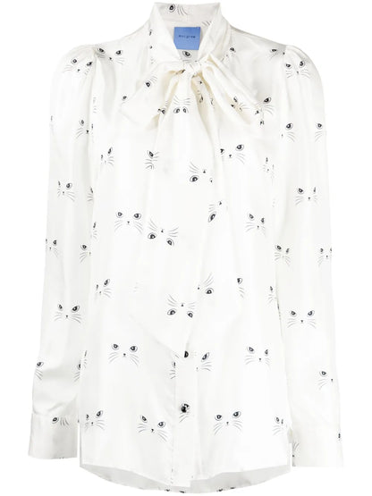Cat-Print Silk-Satin Blouse