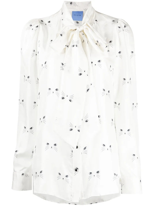 Cat-Print Silk-Satin Blouse