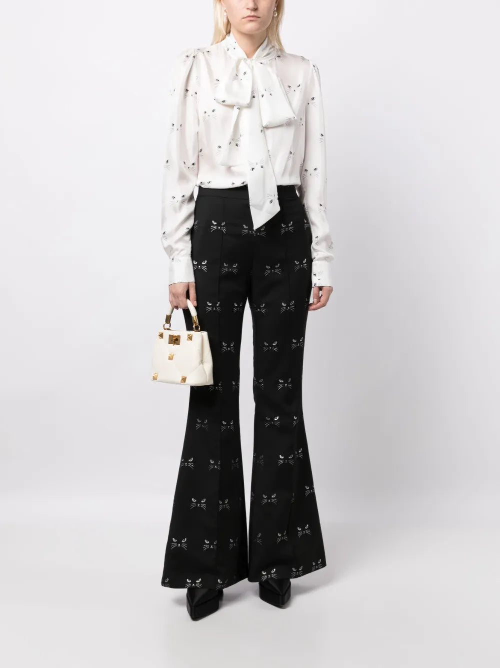 Cat-Print Silk-Satin Blouse