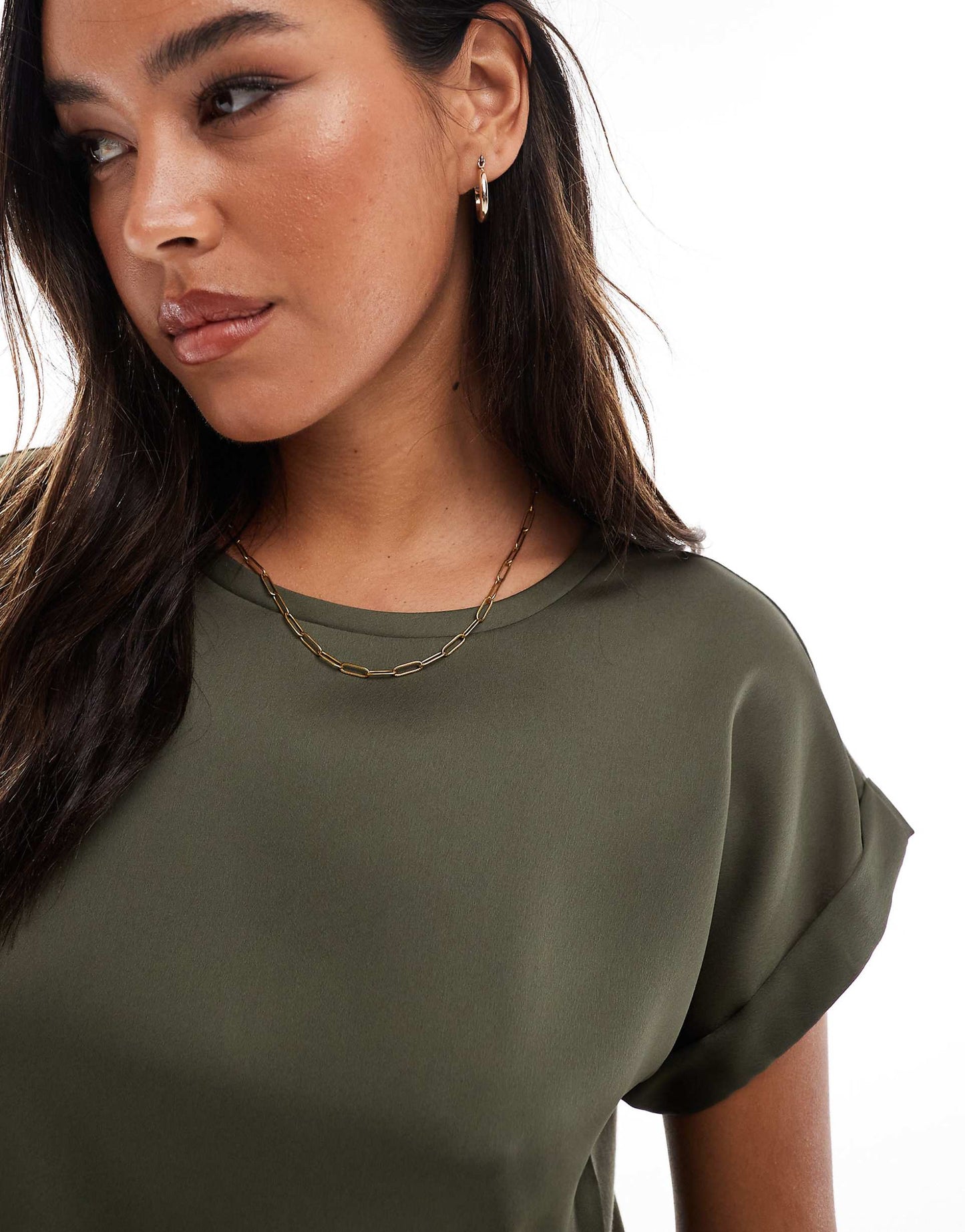 Satin Front T-Shirt With Turn Up Sleeve