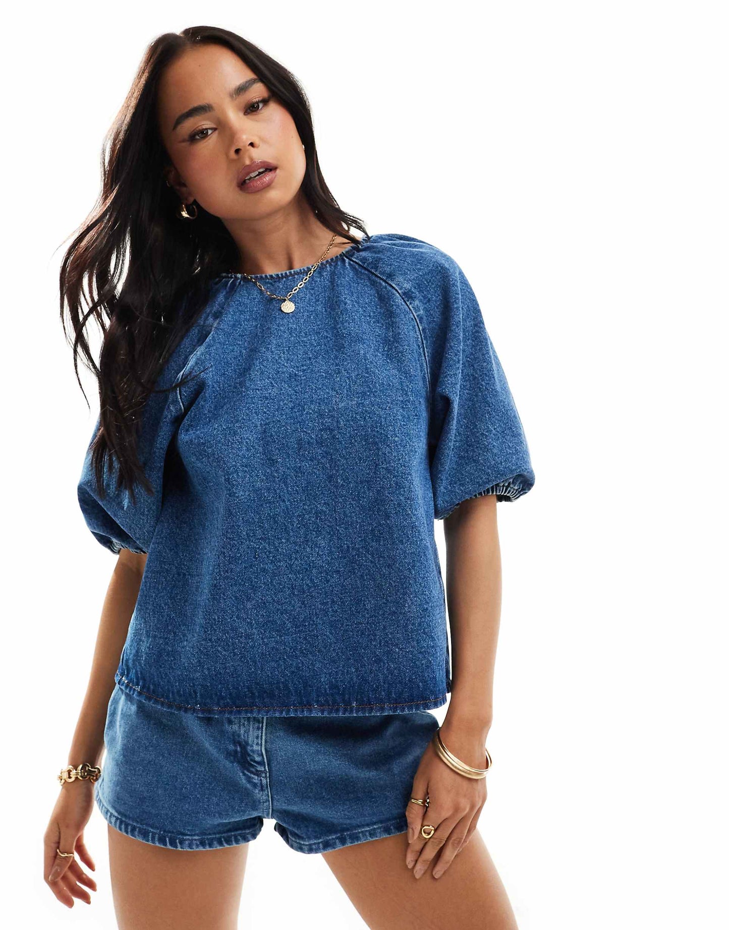 Denim Raglan Puff Sleeve Top