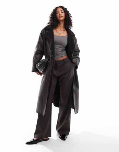 Longline Shearling Jacket With Contrast Binding