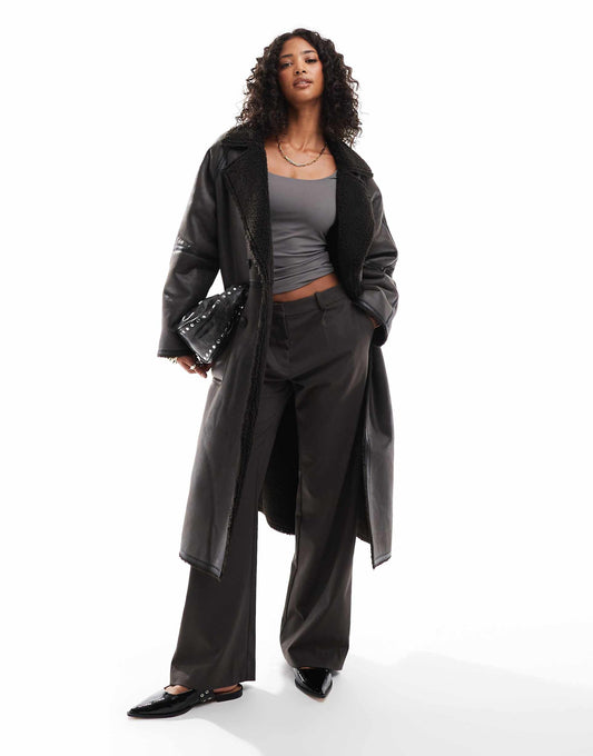 Longline Shearling Jacket With Contrast Binding