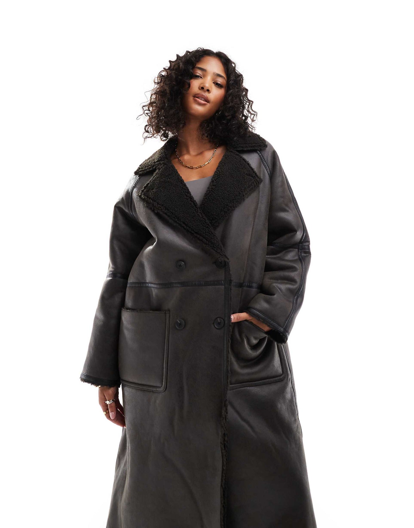 Longline Shearling Jacket With Contrast Binding