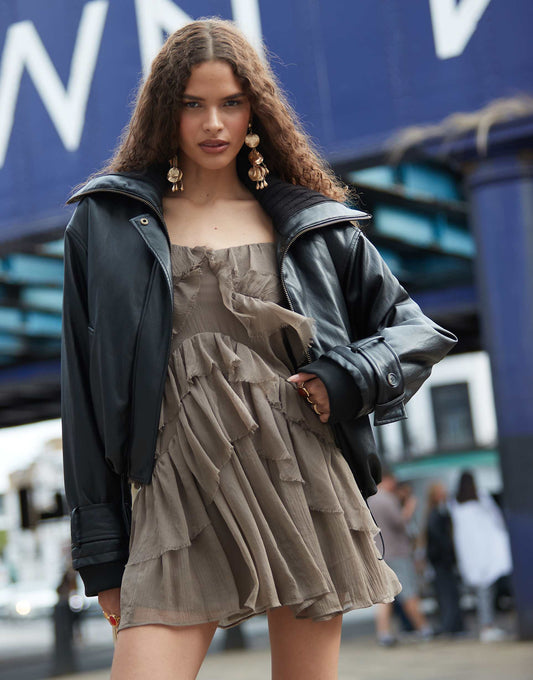 Oversized Funnel Neck Leather Look Jacket