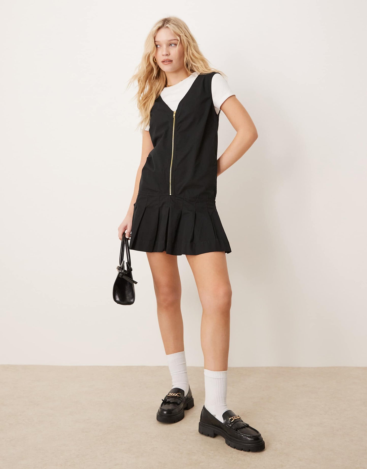 Zip Through Mini Twill Pinny Dress With Pleated Skirt