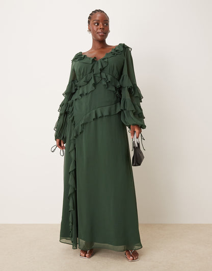 Curve Long Sleeve Ruffle Asymmetric Maxi Dress