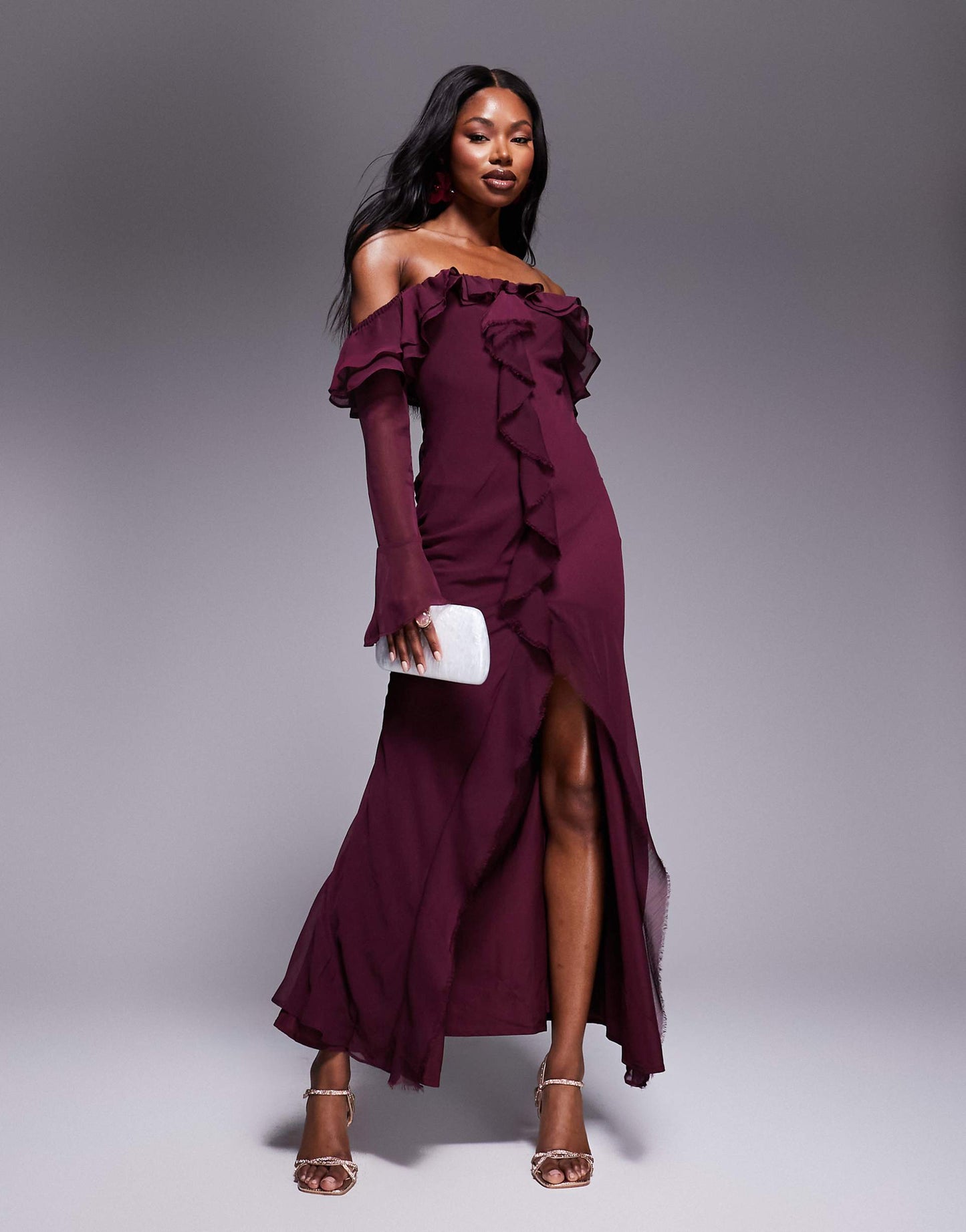 Frill Bardot Long Sleeve Bias Cut Maxi Dress