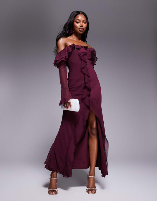 Frill Bardot Long Sleeve Bias Cut Maxi Dress