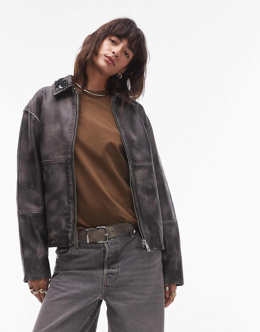 Premium Real Leather Centre Front Zip Jacket With Embellishments