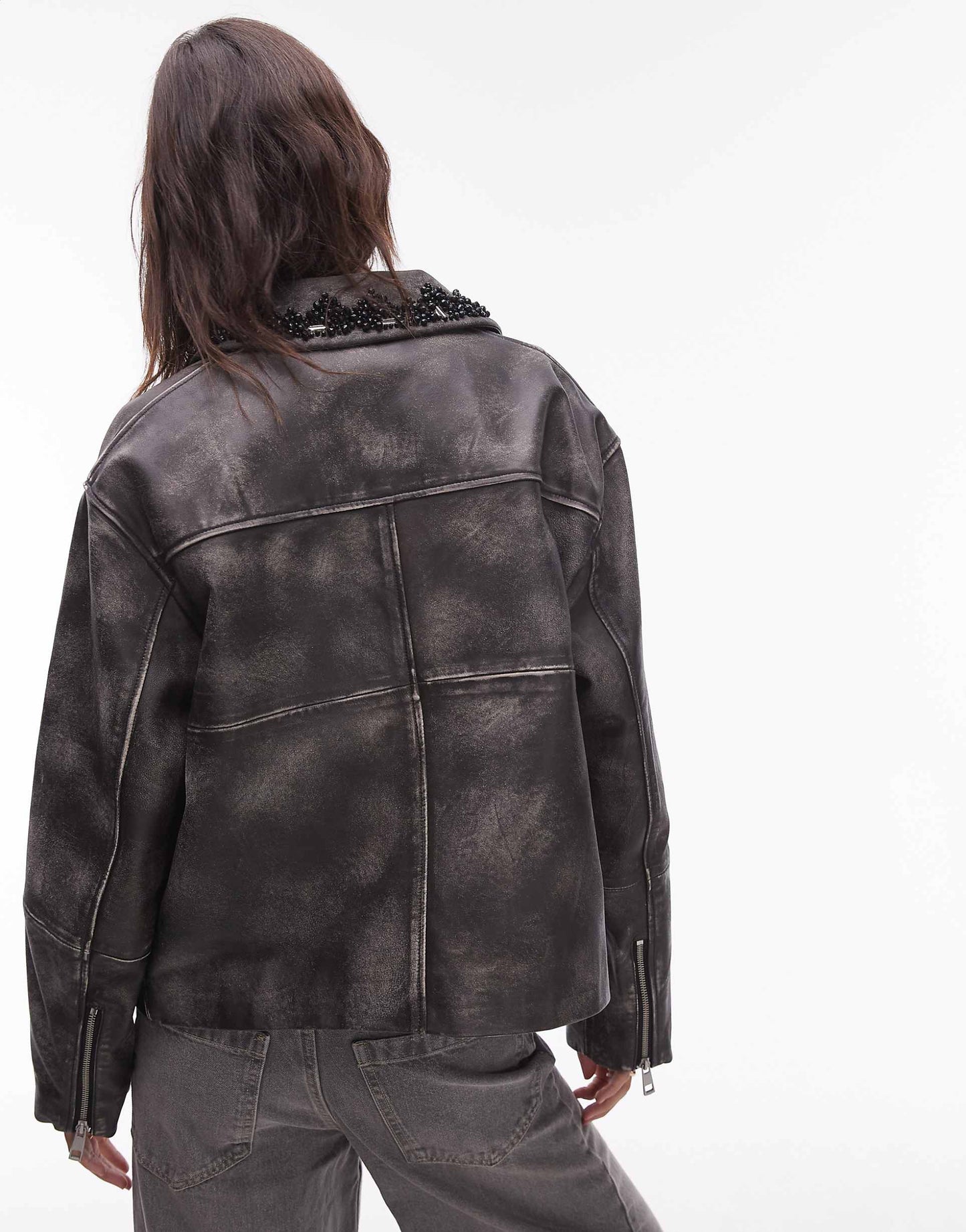 Premium Real Leather Centre Front Zip Jacket With Embellishments