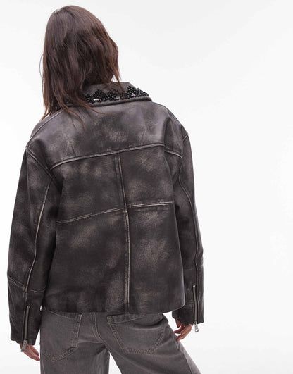Premium Real Leather Centre Front Zip Jacket With Embellishments