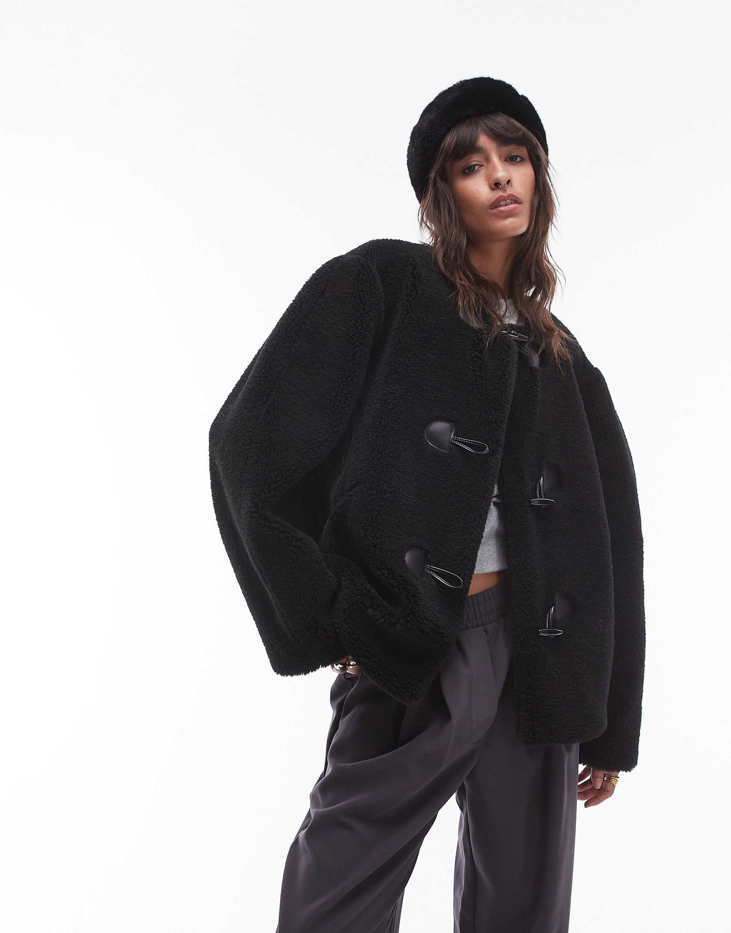 Toggle Short Collarless Borg Coat