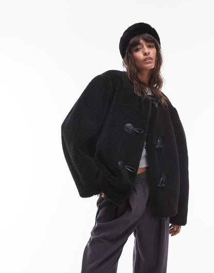 Toggle Short Collarless Borg Coat