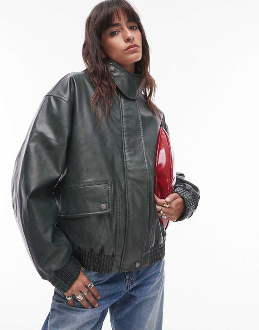 Faux Leather Oversized Bomber Jacket