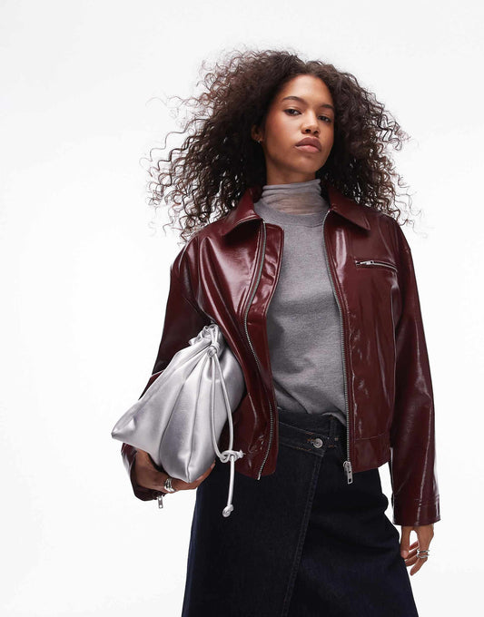 Faux Leather Vinyl Bomber Jacket