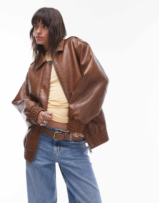 Faux Leather Oversized Bomber Jacket